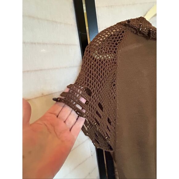 Luciano Dante Brown Knit Beaded Boho Crochet Short Sleeve Button Sweater Top XL - Picture 7 of 10